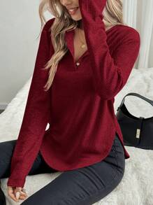 SHEIN LUNE Rosso Ancora Christmas Women Clothes Women's Casual Solid Color Half-Button Curved Hem Long Sleeve Red T-Shirt, Spring And Autumn - Red - View 1