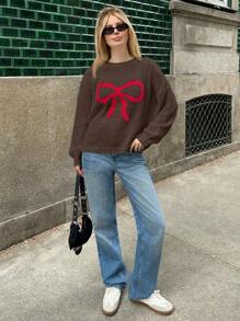 Forever 21 新品圆领超大蝴蝶结拼色宽松休闲针织毛衣，适合秋冬季 - 棕色 - 查看 3