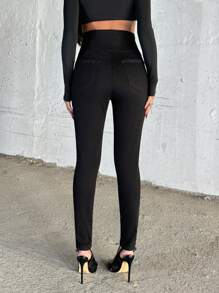 SHEIN Cottnline High Waist Button Design High Stretch Black Skinny Pants - Black - View 2