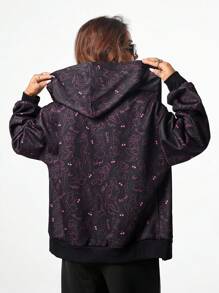 SHEIN EZwear Áo nỉ trùm đầu in họa tiết tay dài phía trước cho nữ - màu đen - Xem 3