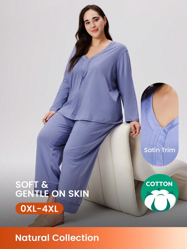 LUVLETTE Pantaloni cu mâneci lungi, cu decolteu în V, albastru, mărimi mari, pijamale, bumbac de lux și cusături din imitație de mătase