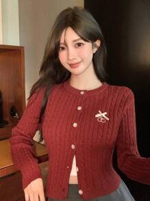 DAZY Textured Cable Knit Embroidery Letter Cardigan Sweater, Christmas Wear For Women ,Holiday