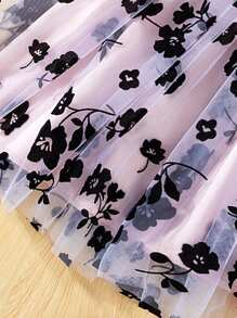 Elladie kids Young Girl Floral Print Ruffle Mesh Splice Long Sleeve Dress - Pink - View 6