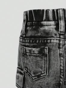SHEIN Explorewe Baby Girl Unisex Streetwear Distressed Washed Multi Pocket Elastic Waist Wide Leg Jeans, Versatile Fashion Item Suitable For All Seasons - Light Grey - View 7