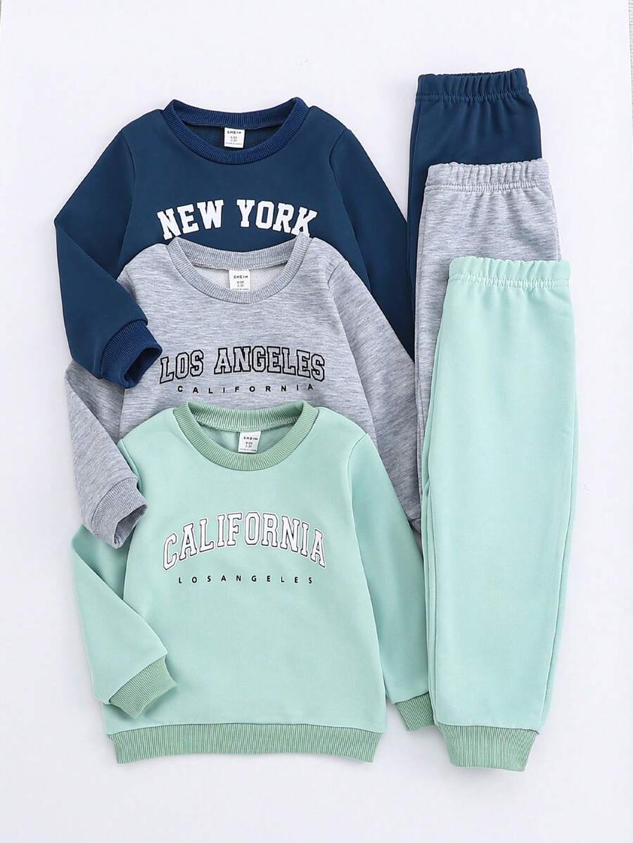 SHEIN Bộ 6 món/Bộ quần dài tay cổ tròn in chữ phong cách thể thao thường ngày cho bé trai, phù hợp với mọi mùa và mùa thu/đông, tuyệt vời để chụp ảnh, mặc ngoài trời hoặc trong nhà. Bộ đồ nỉ thời trang và dễ thương màu kaki và đen, phù hợp với nhiều dịp khác nhau - Nhiều màu - Xem 1