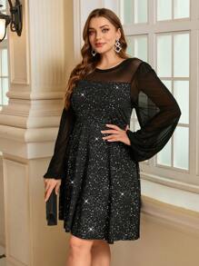 SHEIN Clasi Curvy Plus Size Women's Stretch Mesh Spliced ​​Round Neck Long Sleeve Hot Silver Shiny Elegant A-Hem Short Dress, Suitable For Autumn And Winter, Party Dress, Going Out,Christmas,Christmas Party Outfit,Xmas Dress ,Holiday Party Dress,New Years Outfit