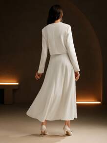 Anewsta Elegant White Sequin Decor 2 Pieces Set: Fitted Long Sleeve Blazer & Long Slip Dress, High-End Look - White - View 2