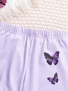 2 pièces/Set Filles bébé sweat-shirt à capuche imprimé papillon casual et pantalon de survêtement, confortable et polyvalent pour le printemps, l'automne et l'hiver - Parme - Voir 6