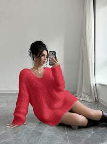 Elenzga 女士休闲纯色针织毛衣，秋冬季新年衣服 - 紅色 - 查看 1