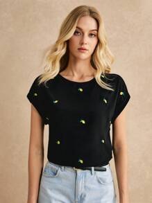 Poéselle Camiseta de algodón bordada casual de verano, versión suelta cómoda y transpirable, camiseta bordada con limones pequeños, adecuada para uso diario, para ir al trabajo, vacaciones y uso en el hogar