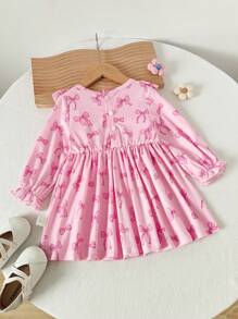 SHEIN Baby Girl Infant Autumn/Winter Casual Cute Basic Outing Round Neck Pullover Long Sleeve Soft Knit Fabric Heart & Bow Pattern Long Sleeve Dress Pink - Pink - View 2