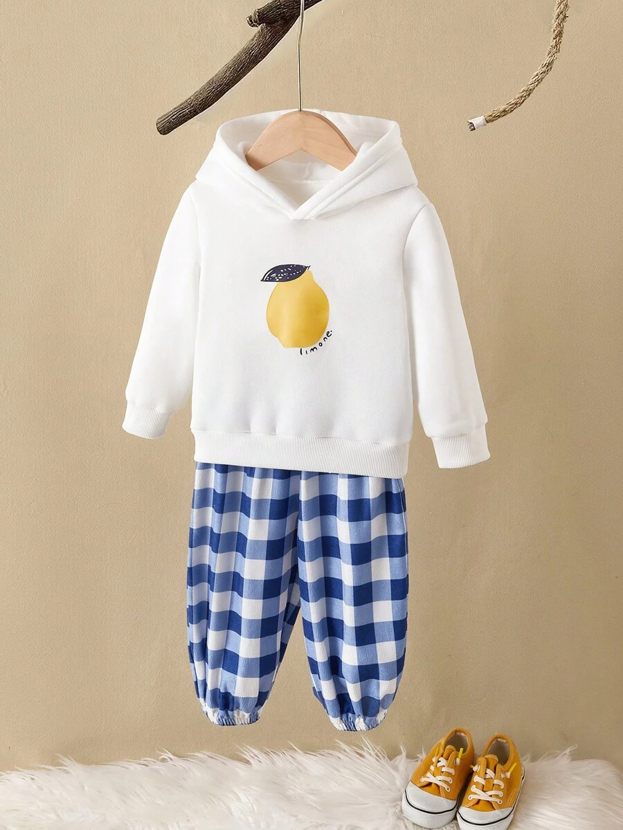 2pcs/Set Baby Boys Casual Cute Fruit Print Long Sleeve Hoodie & Plaid Long Pants Set, For Autumn/Winter - Multicolor - View 1