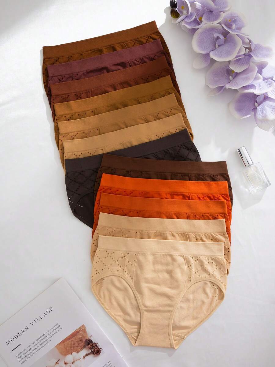 12 条装纯色透气镂空舒适三角女式内裤 - 彩色 - 查看 1