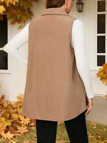 SHEIN LUNE 大码休闲纽扣灯芯绒无袖外套豹纹毛绒毛绒秋冬度假装保暖