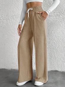 Cottnline Petite Drawstring Waist Wide Leg Pants - Camel - View 5