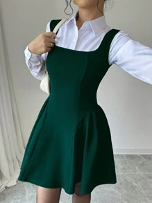 Selianne 新款方领无袖 A 字裙，褶皱下摆，弹性面料，纯色，休闲修身，收腰，修身，适合通勤，日常穿着，春夏秋冬