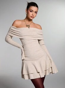 SHEIN BAE Women's Autumn Elegant Solid Color Off Shoulder Flare Sleeve Ruffle Hem Dress - Apricot - View 2