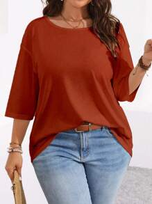 SHEIN LUNE Plus Size Crew Neck Short Sleeve Solid Color Simple Loose Casual Comfy T-Shirt Fall - Coral Orange - View 4