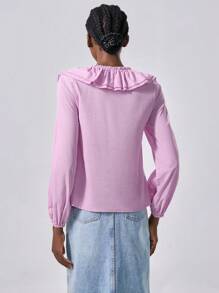 Chiquease 女士亚麻外观衬衫，带可调节饰边，V 领，宽松长袖，弹性袖口，同色面料分层装饰 - 紫丁香色 - 查看 2