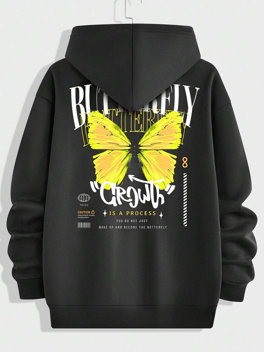 Manfinity VCAY Loose Men's Slogan & Butterfly Print Kangaroo Pocket Hoodie - Black - View 1