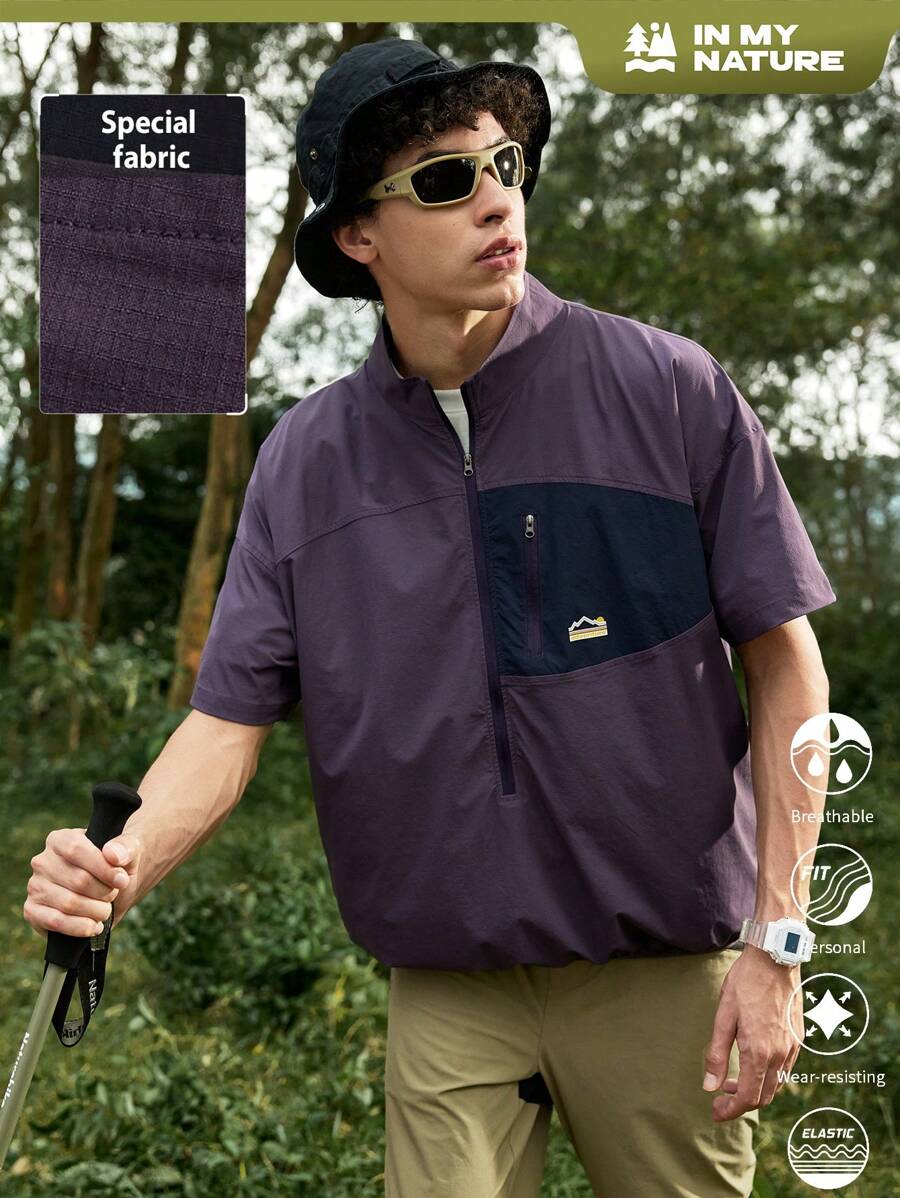Gym Rark Camiseta de manga corta casual de uso exterior con cremallera frontal de parches de unicolor para hombre - Morado - Ver 1
