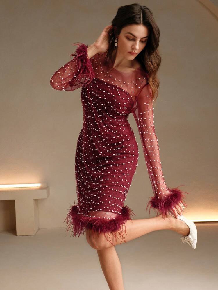 1pc Women's Long Sleeve Feather Embellished Rhinestone Beaded Mesh Overlay Dress Burgundy Color Women Outfit
