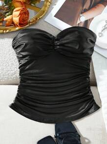SHEIN VCAY 圣诞节华丽闪亮派对服装、派对女王、性感成熟服装、黑色 PU、秋冬、女士纯色简约性感时尚抹胸上衣 - 藍白色 - 查看 1
