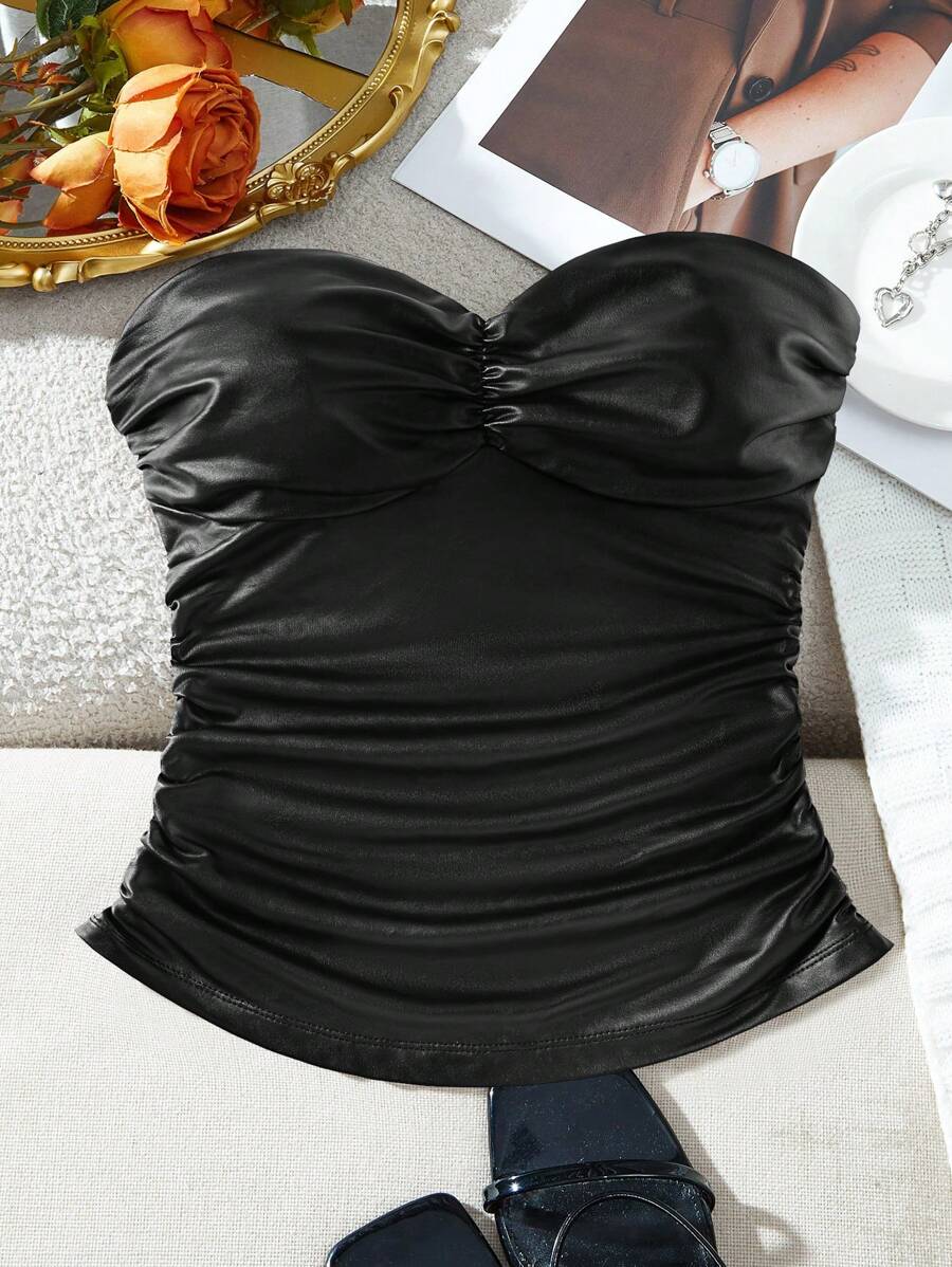 SHEIN VCAY 圣诞节华丽闪亮派对服装、派对女王、性感成熟服装、黑色 PU、秋冬、女士纯色简约性感时尚抹胸上衣 - 藍白色 - 查看 1