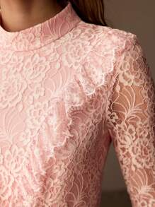 MOTF PREMIUM FLORAL PRINT LACE BODICE MOCK NECK RUFFLE TRIM LONG DRESS WITHOUT BELT - Multicolor - View 10