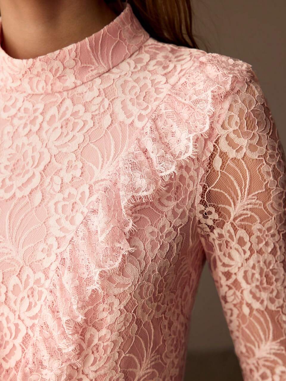 FLORAL PRINT LACE BODICE MOCK NECK RUFFLE TRIM LONG DRESS WITHOUT BELT