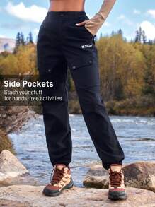 In My Nature 女士纯色前扣口袋字母印花简约休闲户外长裤 - 黑色 - 查看 4