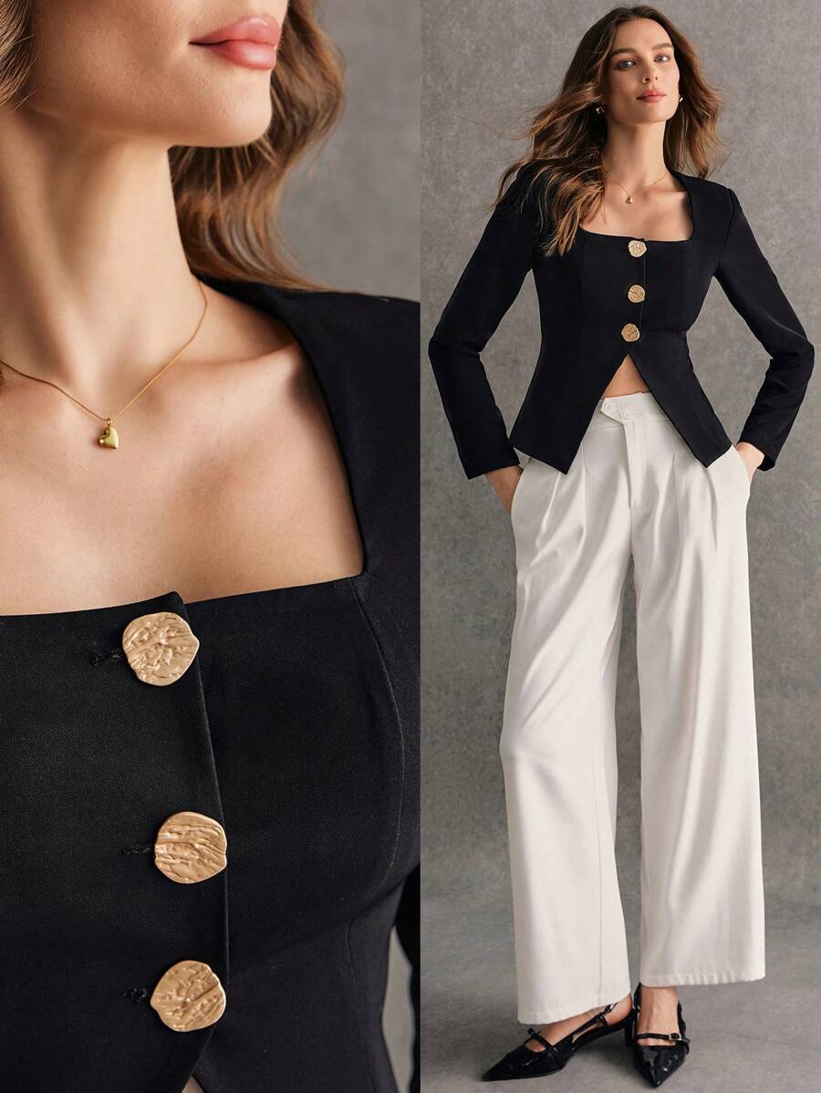 Poéselle Chaqueta elegante de manga larga con cuello cuadrado y botones al frente, de unicolor, para mujer en otoño/invierno - Negro - Ver 1