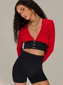 SHEIN Unity Hook And Eye Contrast Waist Panel Long Sleeve Plunge Top New Years Fall Cloth For Women - Red and Black - View 1