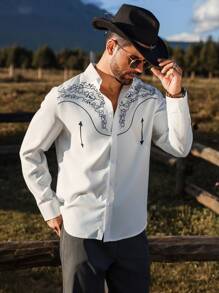 Manfinity Nomadique Men's Casual Patterned Print Button-Up Long Sleeve Shirt, Autumn - White - View 5