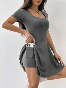 SHEIN EZwear Đầm thường ngày tay ngắn cổ vuông dệt kim màu xám đậm cho nữ - Xám - Xem 7