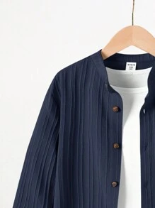 Tween Boy Textured Ribbed Collar Flap Pocket Long Sleeve Shirt, Autumn - Navy Blue - View 4