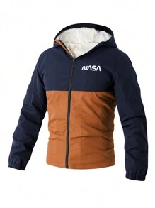 SHEIN Boys Colorblock Hoodie Fluffy Jacket, Suitable For Daily Commute Wear