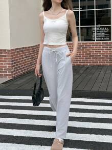 INAWLY Pantalones de chándal de mujer de unicolor con cordón en la cintura, para el otoño - Gris Claro - Ver 5
