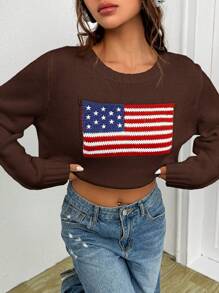 SHEIN EZwear 休闲时尚的美国国旗毛衣，适合日常穿着 - 棕色 - 查看 6