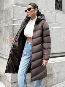 RueChic 冬季休闲纯色抽绳连帽棉服外套