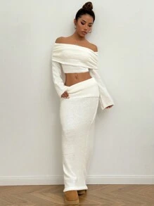 SHEIN Unity 2pcs Women Solid Color Off-Shoulder Tight Knit Sweater And Maxi Skirt Set, Spring/Fall - White - View 5