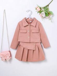 Baby Girl Spring Autumn Winter Casual Street Stylish High Quality Fabric Jacket & Skirt 2Pcs Set - Pink - View 1