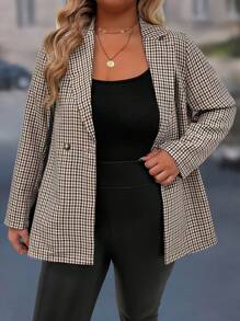 Calvaya Plus Size Women's Plaid Print Lapel Long Sleeve Jacket - Coffee Brown - View 6