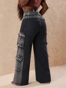 Slaydiva 女式实用口袋宽腿宽松腰部翻领休闲牛仔裤 - 黑色 - 查看 2