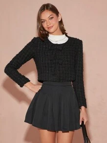 Enchnt 1pc Women Elegant Bowknot Decor Cropped Jacket, Autumn - Black - View 6