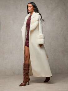 SHEIN BAE Women's Solid Color Fluffy Shawl Collar Long Sleeve Long Elegant Wool Blend Coat, Vintage Coat Winter Fall Women Clothes Halloween Customs Women Concert Outfits Winter Women Clothes Fur Coat Stylish And Warm, Suitable For Parties And Outings  In Fall/Winter