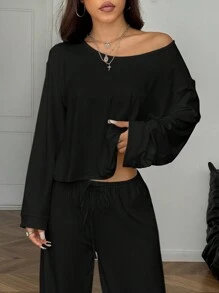 SHEIN EZwear 2 件套女士休闲纯色不对称领长袖上衣和系带长裤套装，秋季 - 黑色 - 查看 6