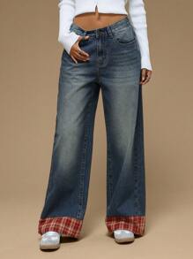 Forever 21 新款复古洗水格子拼接高腰宽松阔腿圣诞风牛仔裤，秋冬 - 藍色 - 查看 1