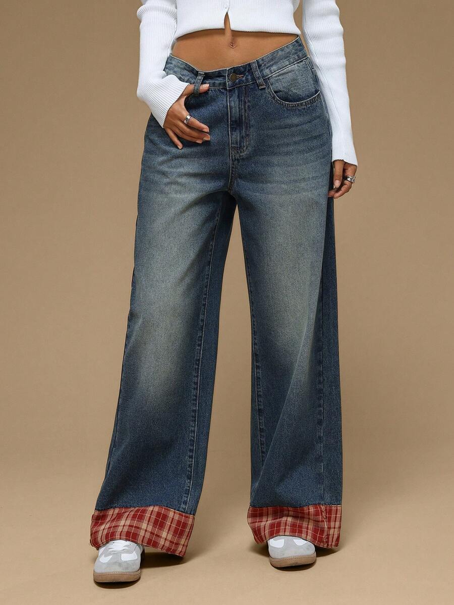 Forever 21 新款复古洗水格子拼接高腰宽松阔腿圣诞风牛仔裤，秋冬 - 藍色 - 查看 1