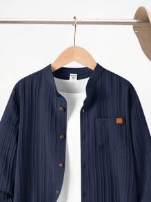 Tween Boy Textured Ribbed Collar Flap Pocket Long Sleeve Shirt, Autumn - Navy Blue - View 6